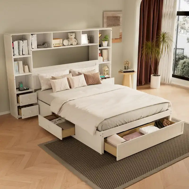 Letto a piattaforma in legno di pino con 2 comodini all-in-one, armadio libreria e 2 stazioni di ricarica, 3 cassetti, struttura letto "Captain"