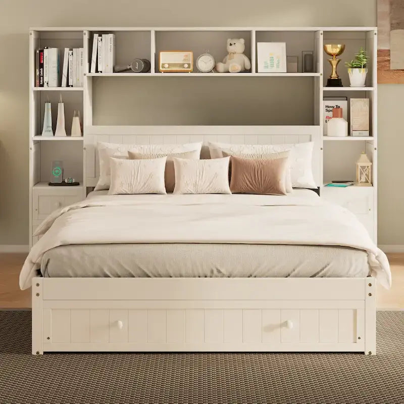 Letto a piattaforma in legno di pino con 2 comodini all-in-one, armadio libreria e 2 stazioni di ricarica, 3 cassetti, struttura letto "Captain"