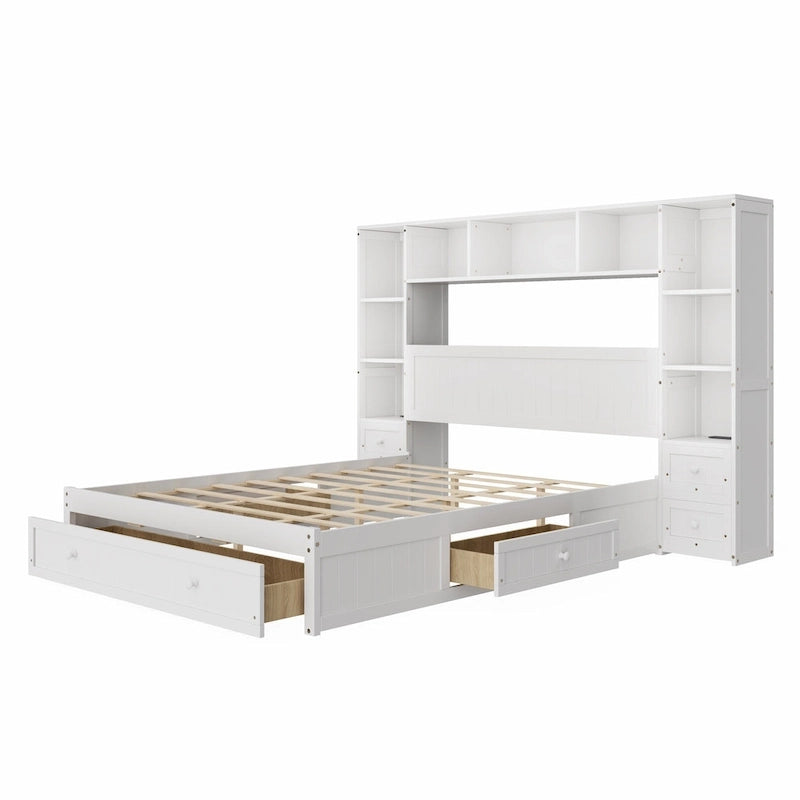 Letto a piattaforma in legno di pino con 2 comodini all-in-one, armadio libreria e 2 stazioni di ricarica, 3 cassetti, struttura letto "Captain"