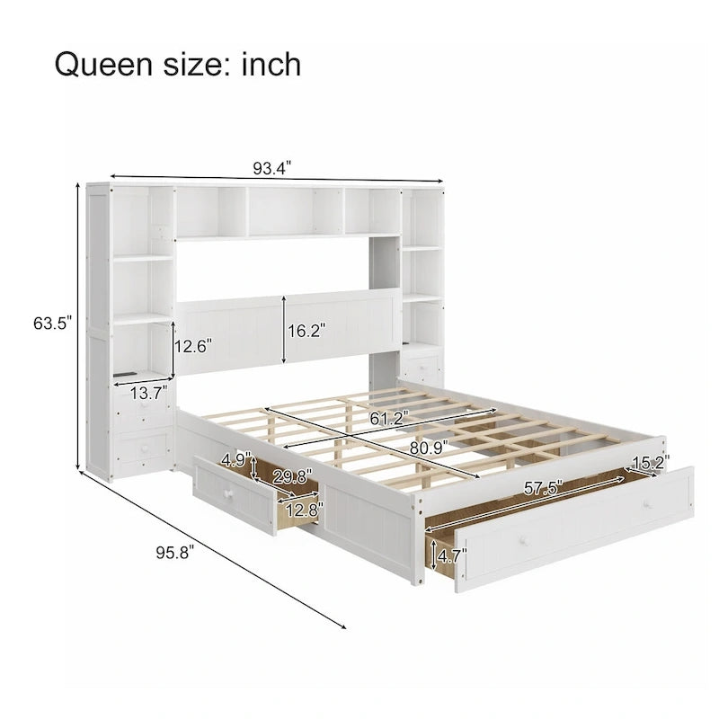 Letto a piattaforma in legno di pino con 2 comodini all-in-one, armadio libreria e 2 stazioni di ricarica, 3 cassetti, struttura letto "Captain"