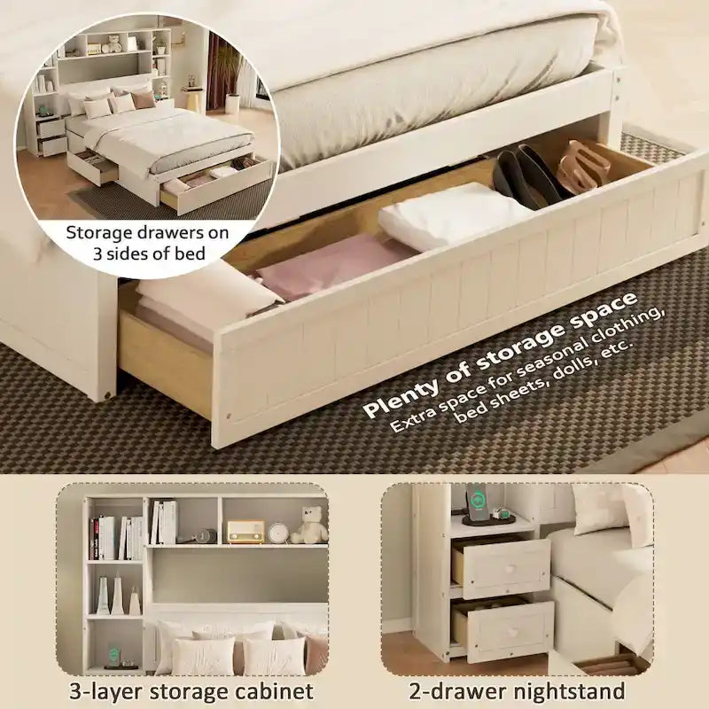Letto a piattaforma in legno di pino con 2 comodini all-in-one, armadio libreria e 2 stazioni di ricarica, 3 cassetti, struttura letto "Captain"