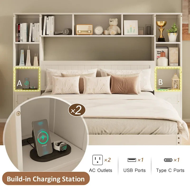 Letto a piattaforma in legno di pino con 2 comodini all-in-one, armadio libreria e 2 stazioni di ricarica, 3 cassetti, struttura letto "Captain"