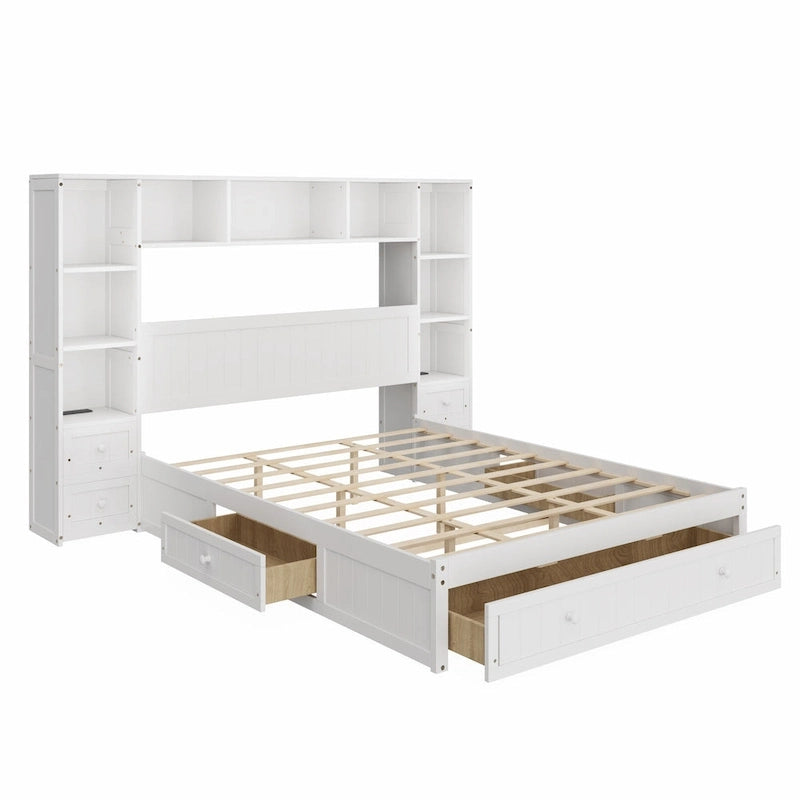 Letto a piattaforma in legno di pino con 2 comodini all-in-one, armadio libreria e 2 stazioni di ricarica, 3 cassetti, struttura letto "Captain"