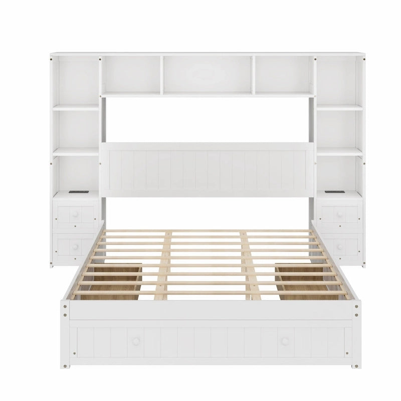 Letto a piattaforma in legno di pino con 2 comodini all-in-one, armadio libreria e 2 stazioni di ricarica, 3 cassetti, struttura letto "Captain"