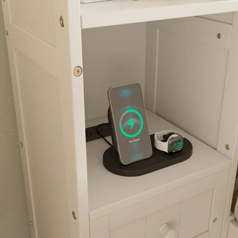 Letto a piattaforma in legno di pino con 2 comodini all-in-one, armadio libreria e 2 stazioni di ricarica, 3 cassetti, struttura letto "Captain"