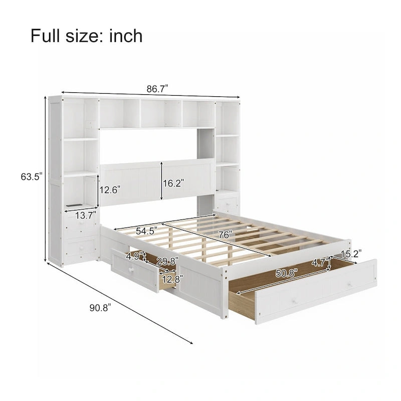 Letto a piattaforma in legno di pino con 2 comodini all-in-one, armadio libreria e 2 stazioni di ricarica, 3 cassetti, struttura letto "Captain"