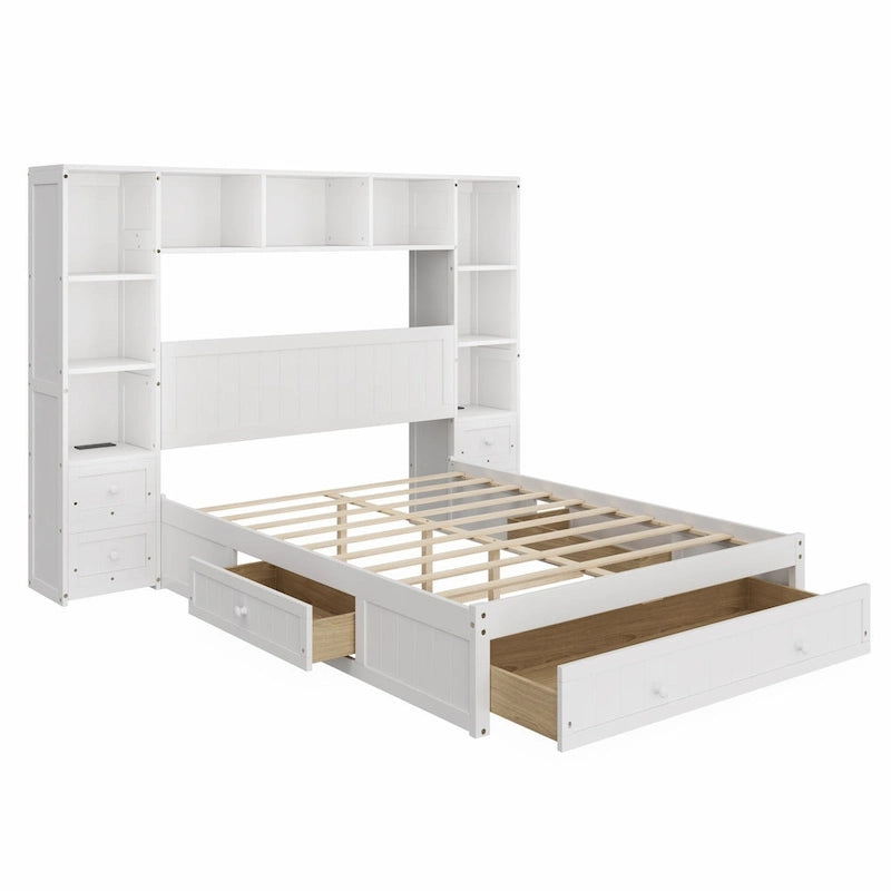 Letto a piattaforma in legno di pino con 2 comodini all-in-one, armadio libreria e 2 stazioni di ricarica, 3 cassetti, struttura letto "Captain"