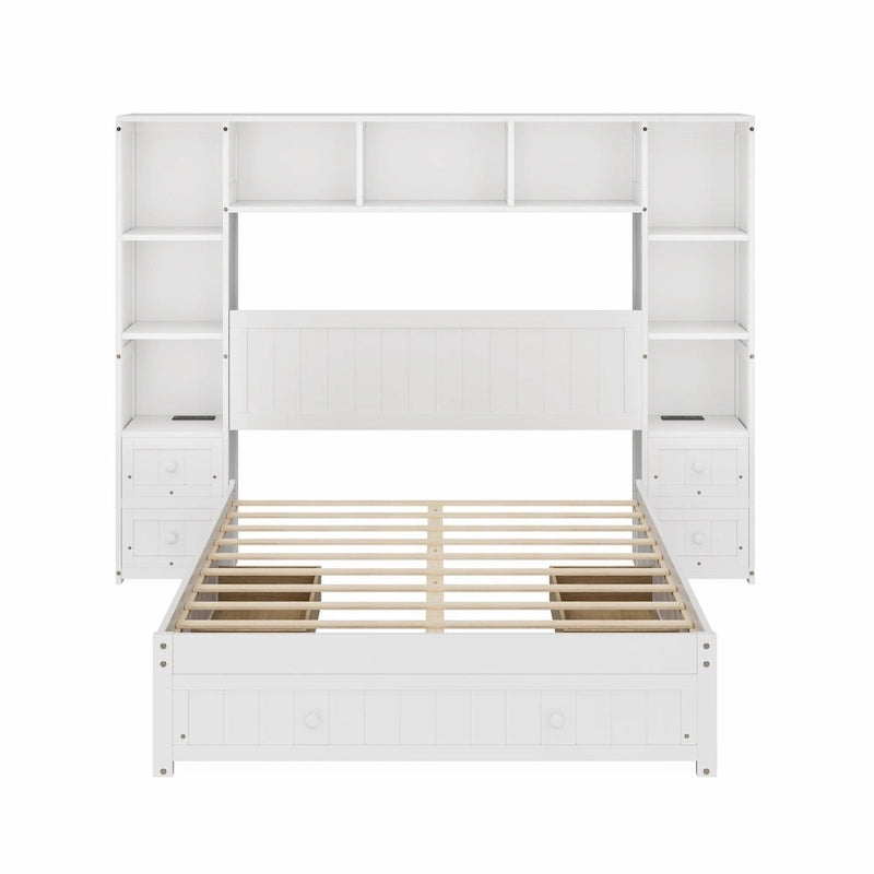 Letto a piattaforma in legno di pino con 2 comodini all-in-one, armadio libreria e 2 stazioni di ricarica, 3 cassetti, struttura letto "Captain"