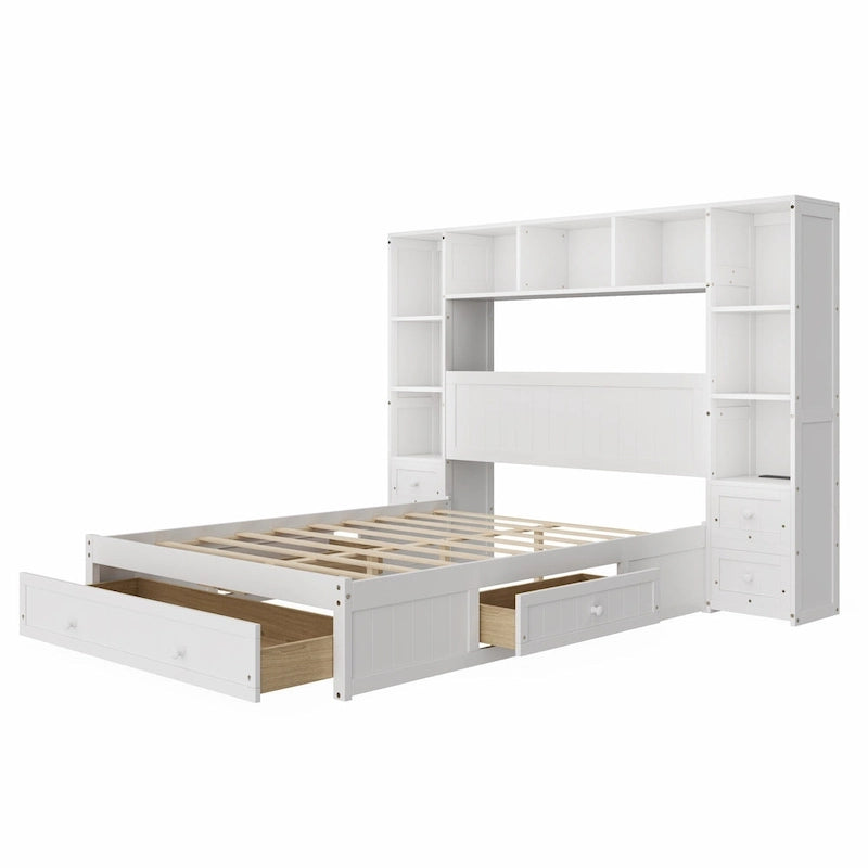 Letto a piattaforma in legno di pino con 2 comodini all-in-one, armadio libreria e 2 stazioni di ricarica, 3 cassetti, struttura letto "Captain"