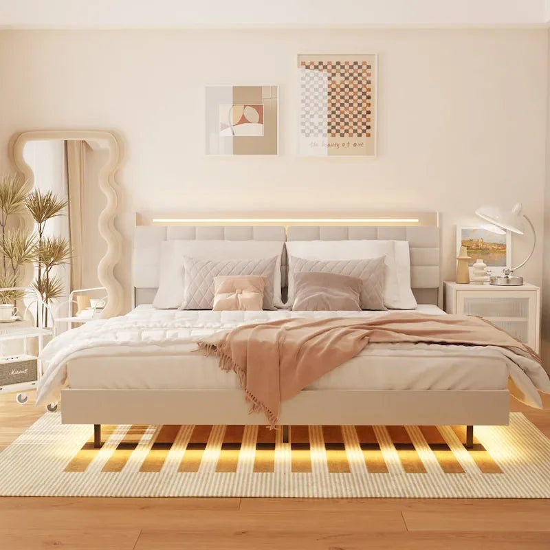 Letto a piattaforma imbottito King Size "fluttuante" con spazio nascosto