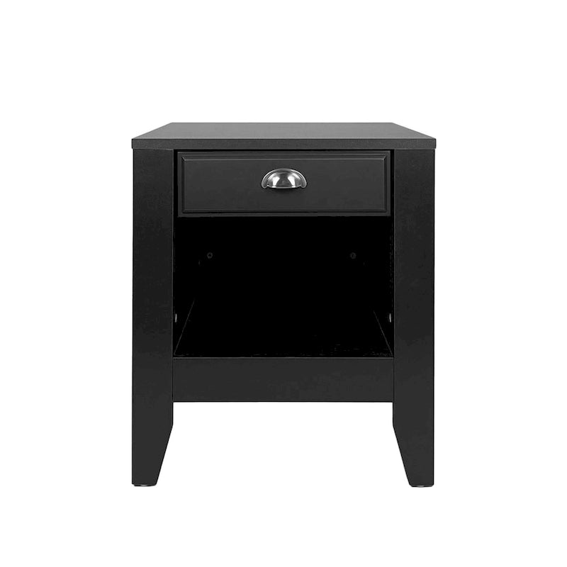 Comodino moderno effetto legno con cassetto e ripiano aperto