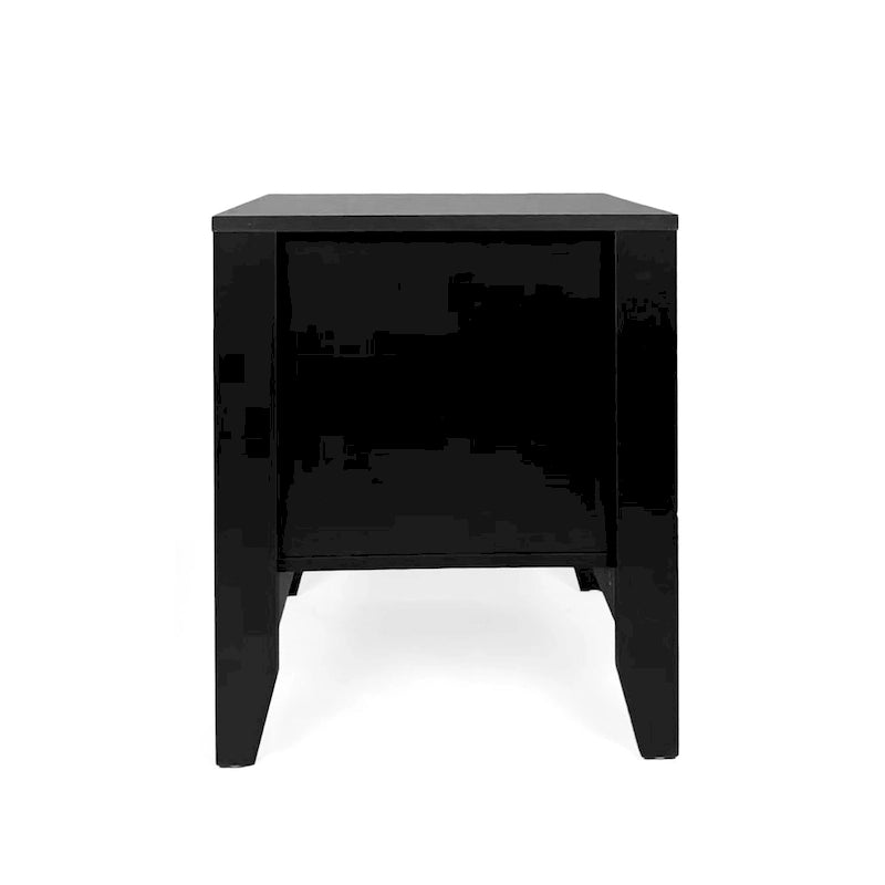 Comodino moderno effetto legno con cassetto e ripiano aperto