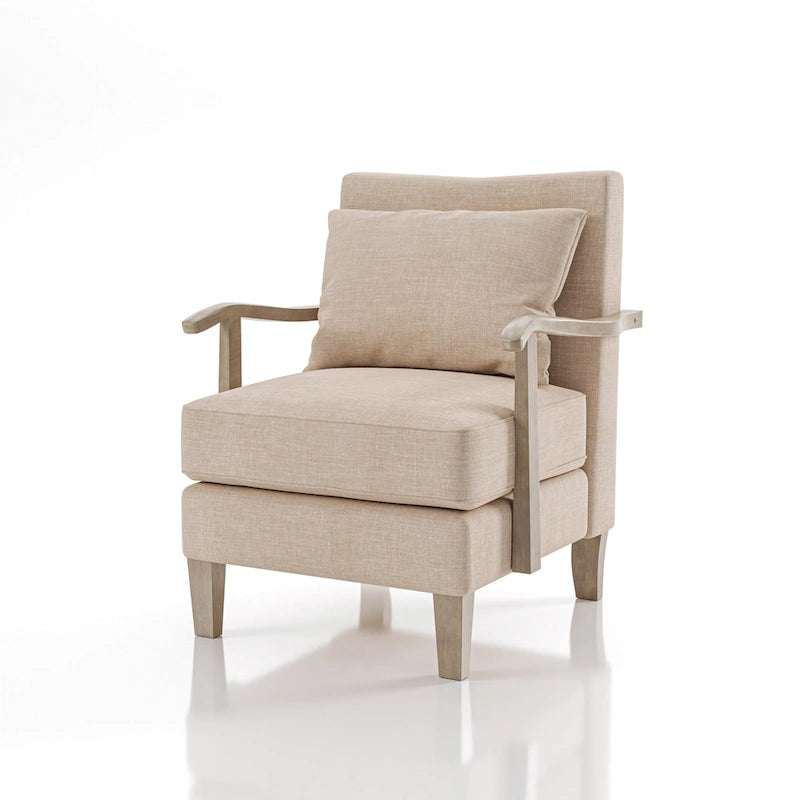 Poltroncina moderna in tessuto e vinile beige con cuscino schienale sciolto