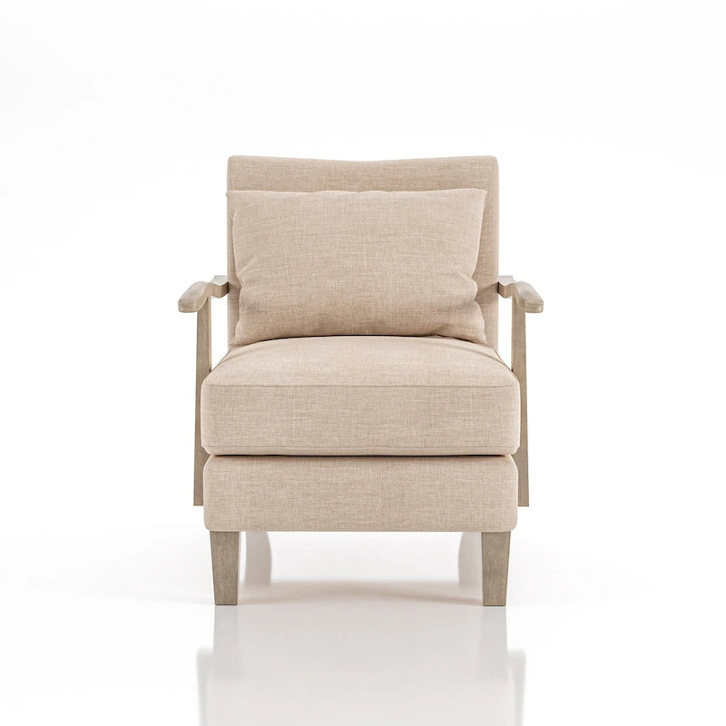 Poltroncina moderna in tessuto e vinile beige con cuscino schienale sciolto