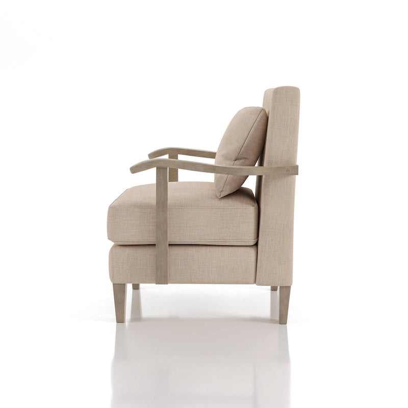 Poltroncina moderna in tessuto e vinile beige con cuscino schienale sciolto