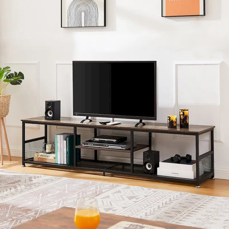 Mobile TV industriale con ripiani in rete e contenitore - Marrone