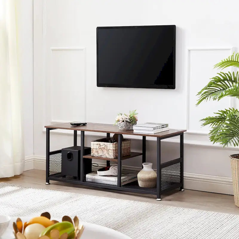 Mobile TV industriale con ripiani in rete e contenitore - Marrone