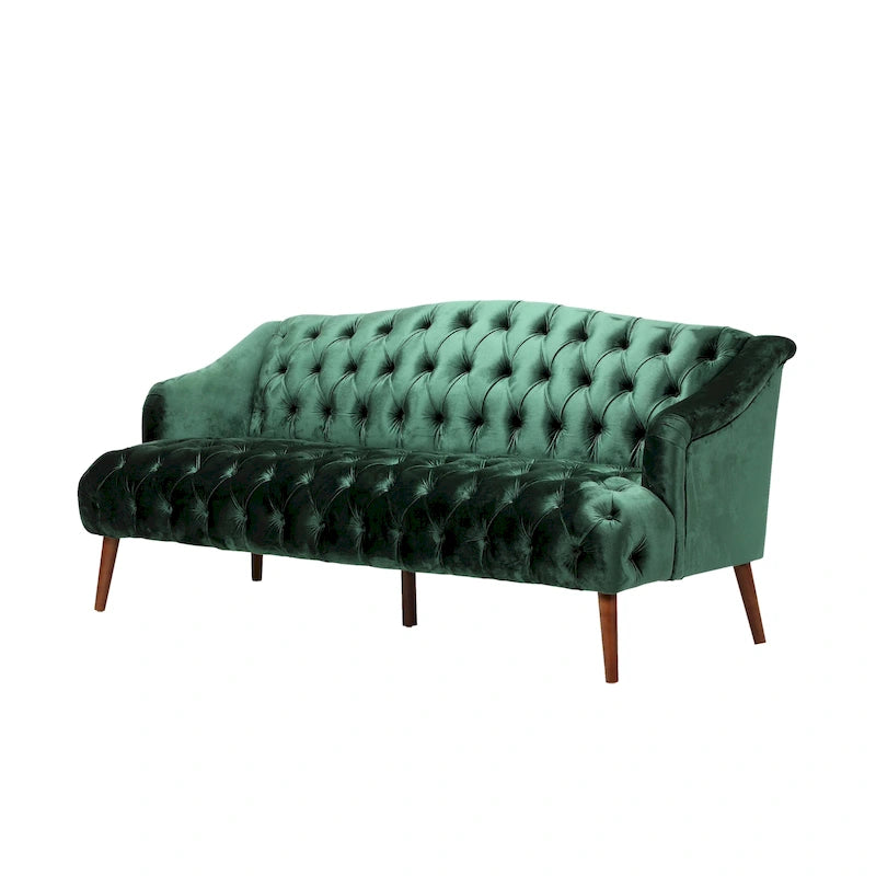 Divano a 3 posti in velluto trapuntato Modern Glam con gambe in betulla color noce