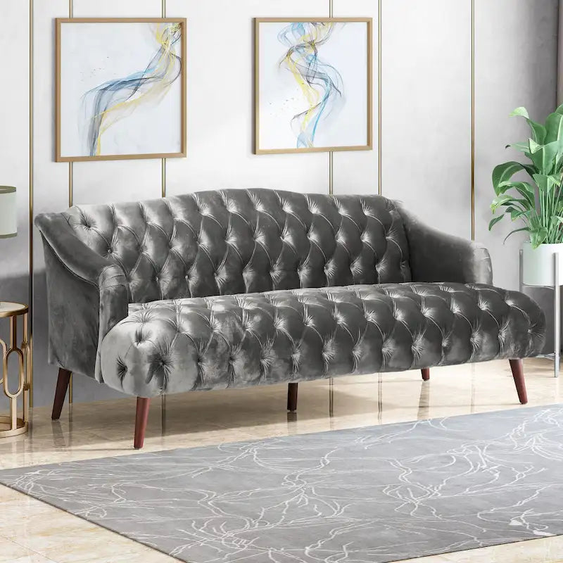Divano a 3 posti in velluto trapuntato Modern Glam con gambe in betulla color noce
