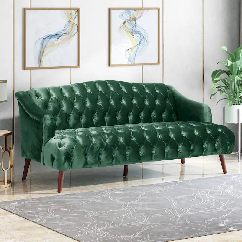 Divano a 3 posti in velluto trapuntato Modern Glam con gambe in betulla color noce