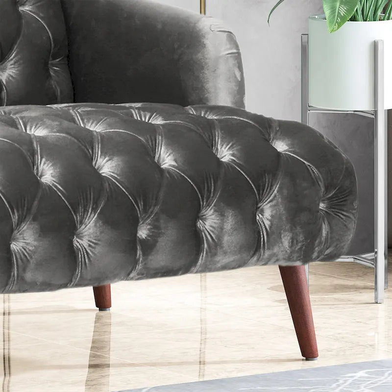 Divano a 3 posti in velluto trapuntato Modern Glam con gambe in betulla color noce