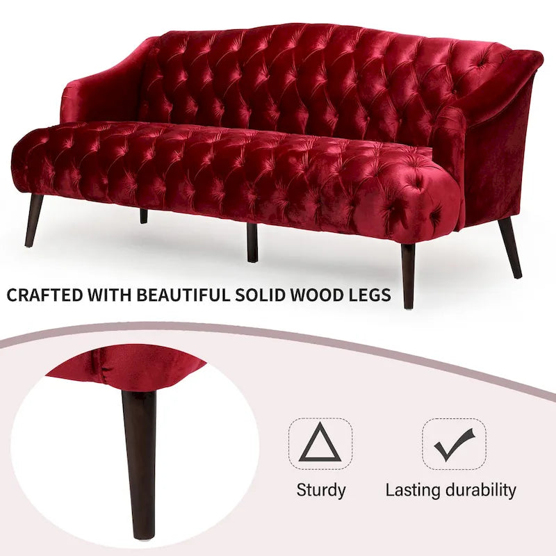 Divano a 3 posti in velluto trapuntato Modern Glam con gambe in betulla color noce