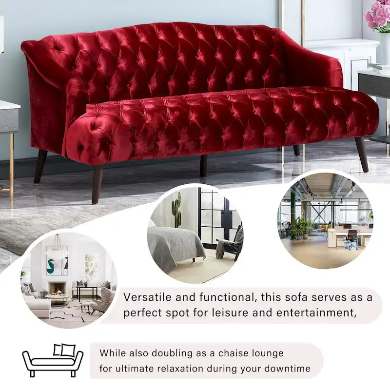 Divano a 3 posti in velluto trapuntato Modern Glam con gambe in betulla color noce