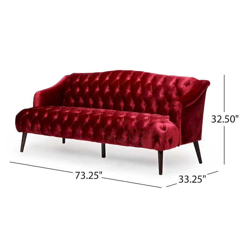 Divano a 3 posti in velluto trapuntato Modern Glam con gambe in betulla color noce