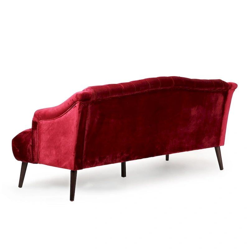 Divano a 3 posti in velluto trapuntato Modern Glam con gambe in betulla color noce