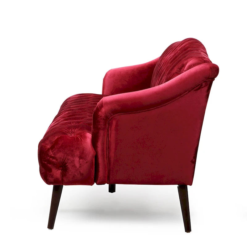 Divano a 3 posti in velluto trapuntato Modern Glam con gambe in betulla color noce