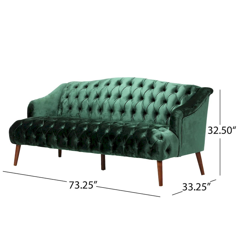 Divano a 3 posti in velluto trapuntato Modern Glam con gambe in betulla color noce