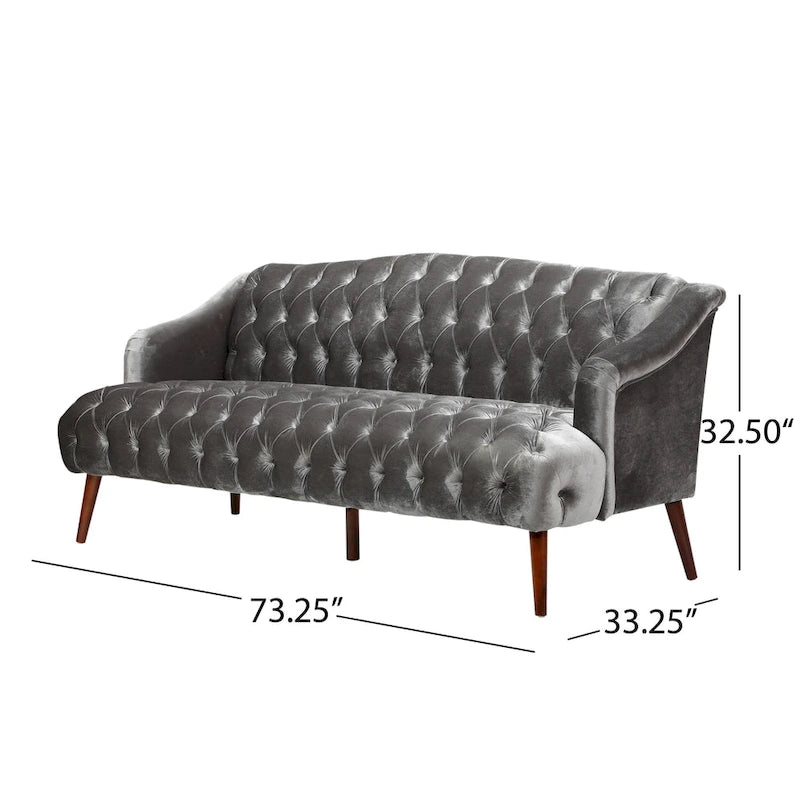 Divano a 3 posti in velluto trapuntato Modern Glam con gambe in betulla color noce