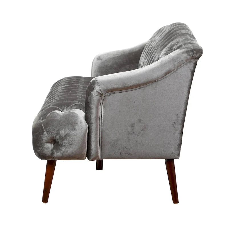 Divano a 3 posti in velluto trapuntato Modern Glam con gambe in betulla color noce