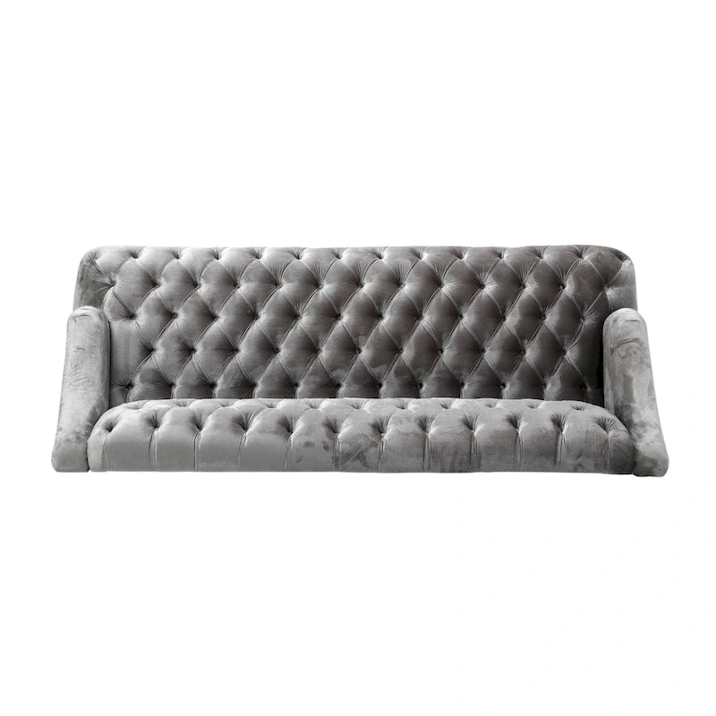 Divano a 3 posti in velluto trapuntato Modern Glam con gambe in betulla color noce