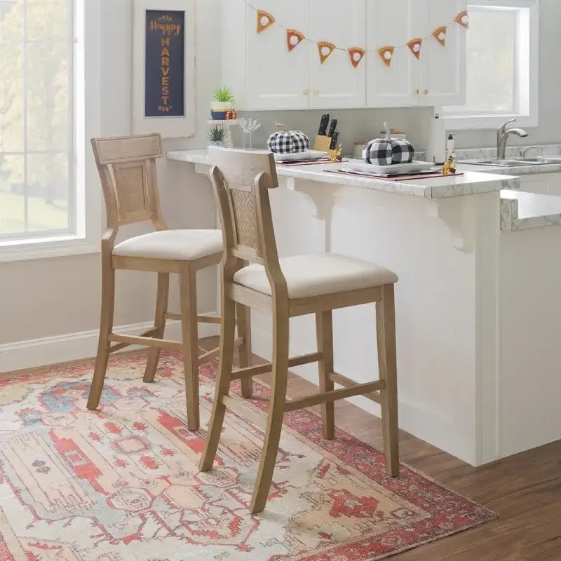 Sgabello da Bar in Rattan Intrecciato a Mano con Sedile Imbottito Stile Farmhouse - Altezza 76 cm