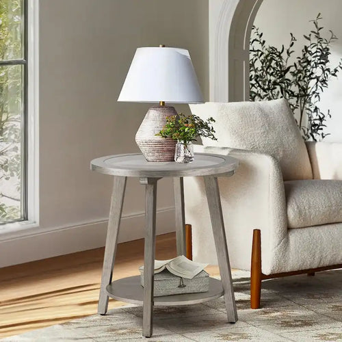 Tavolino d'appoggio rotondo a 2 ripiani in vetro color argento - 22L x 22P x 24A