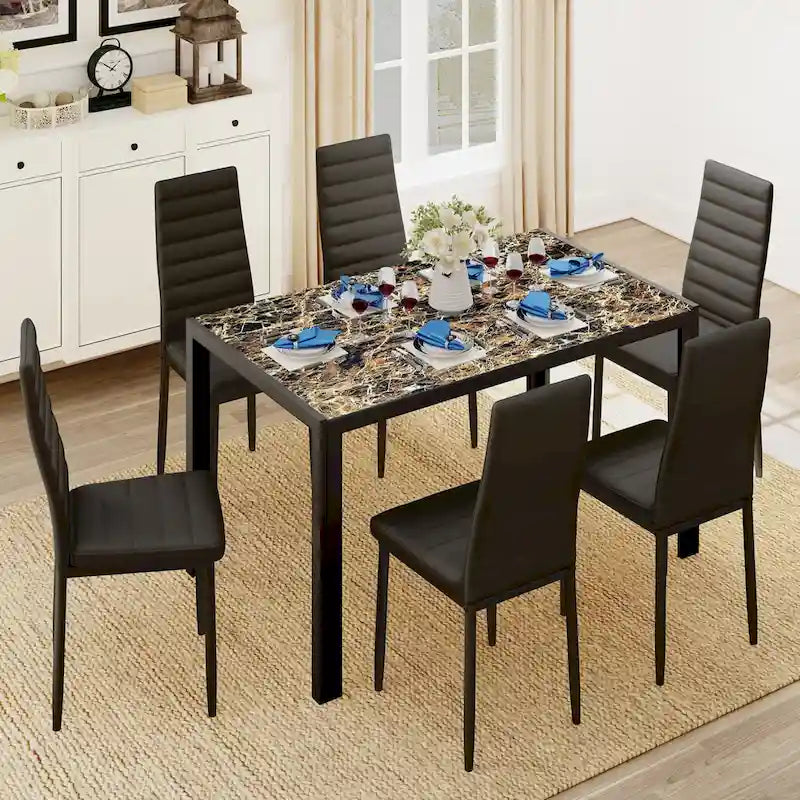 Set da pranzo da 7 pezzi con tavolo in vetro per 6 persone e sedie con schienale alto in pelle PU