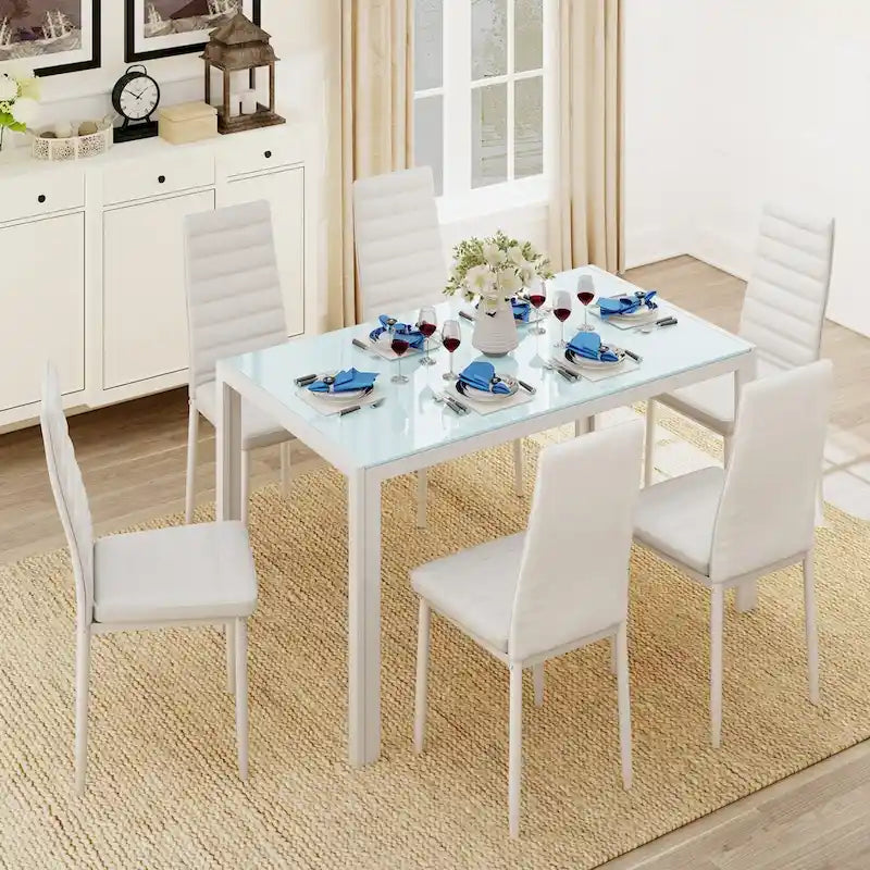 Set da pranzo da 7 pezzi con tavolo in vetro per 6 persone e sedie con schienale alto in pelle PU