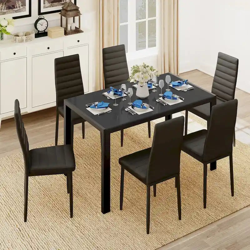 Set da pranzo da 7 pezzi con tavolo in vetro per 6 persone e sedie con schienale alto in pelle PU