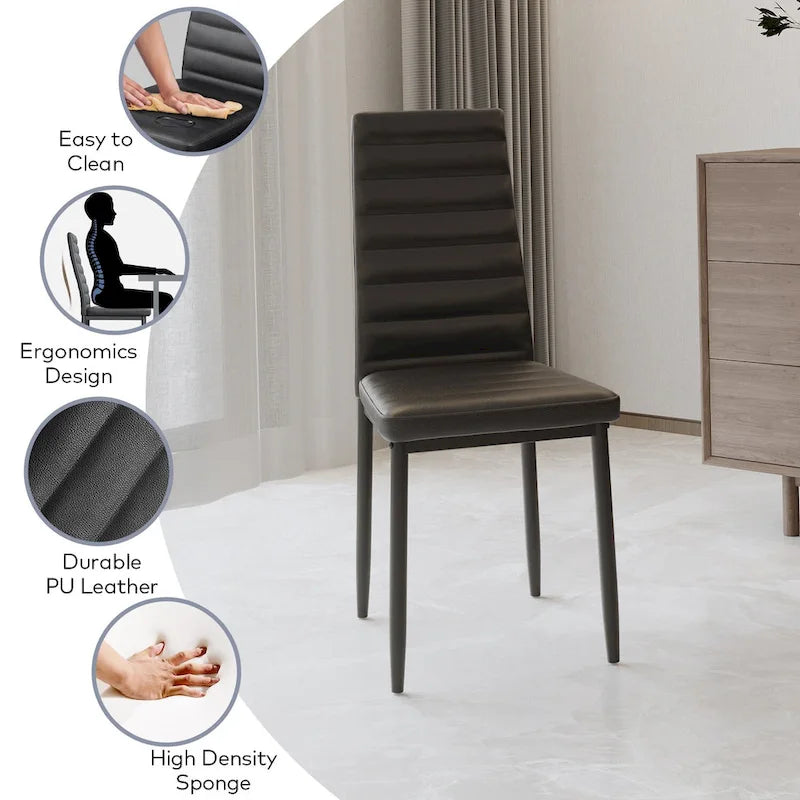 Set da pranzo da 7 pezzi con tavolo in vetro per 6 persone e sedie con schienale alto in pelle PU