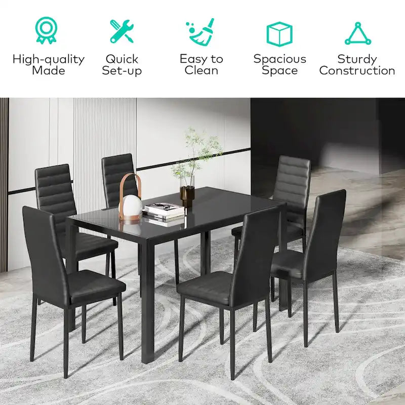 Set da pranzo da 7 pezzi con tavolo in vetro per 6 persone e sedie con schienale alto in pelle PU