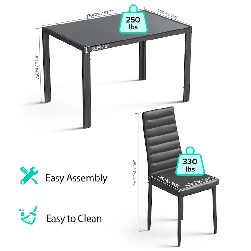 Set da pranzo da 7 pezzi con tavolo in vetro per 6 persone e sedie con schienale alto in pelle PU
