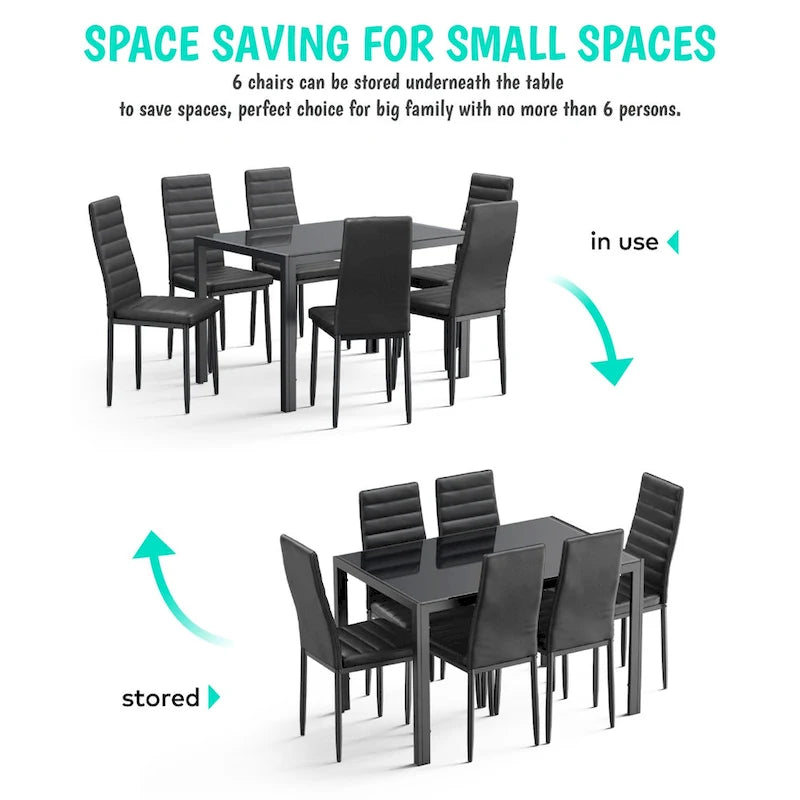 Set da pranzo da 7 pezzi con tavolo in vetro per 6 persone e sedie con schienale alto in pelle PU