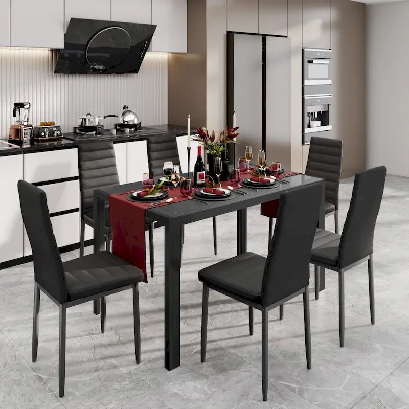 Set da pranzo da 7 pezzi con tavolo in vetro per 6 persone e sedie con schienale alto in pelle PU