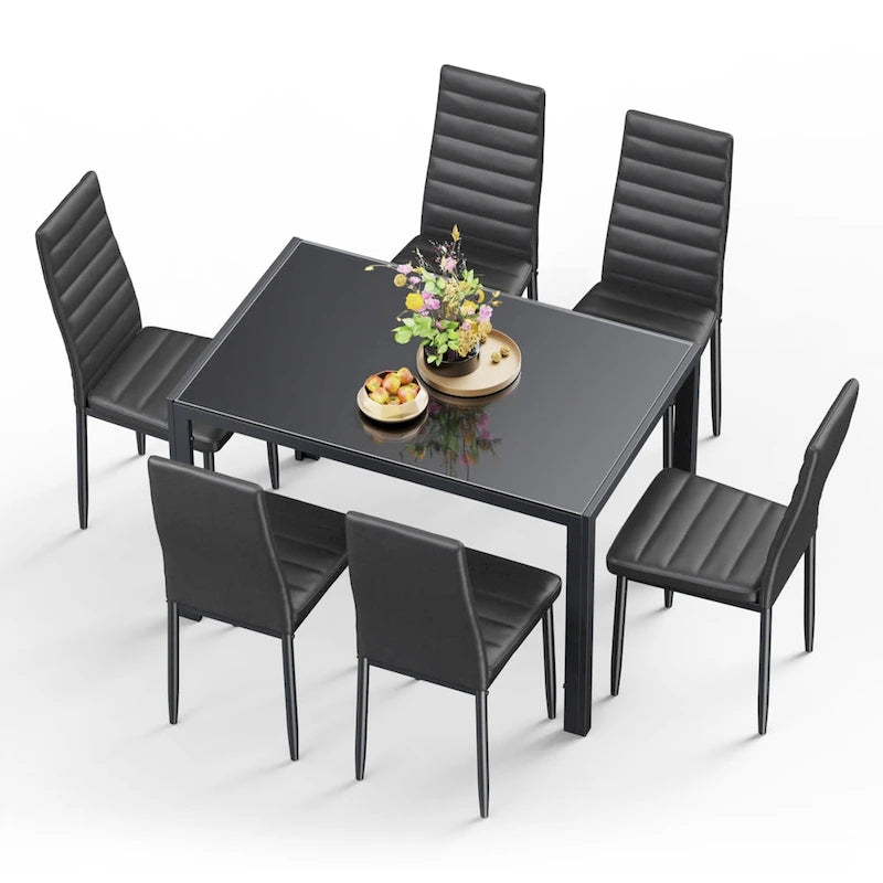 Set da pranzo da 7 pezzi con tavolo in vetro per 6 persone e sedie con schienale alto in pelle PU