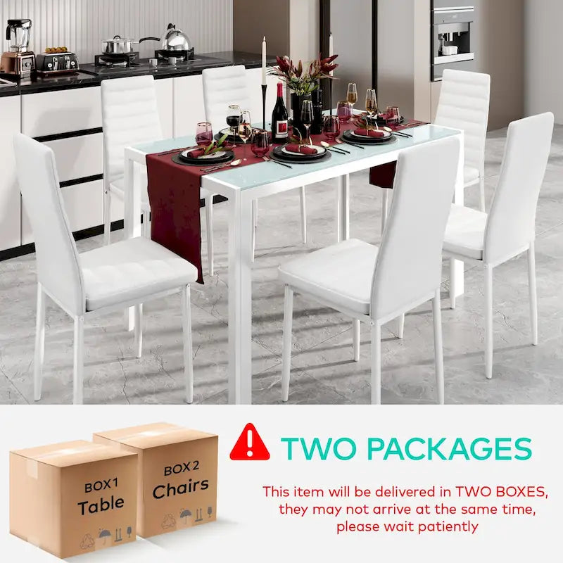 Set da pranzo da 7 pezzi con tavolo in vetro per 6 persone e sedie con schienale alto in pelle PU