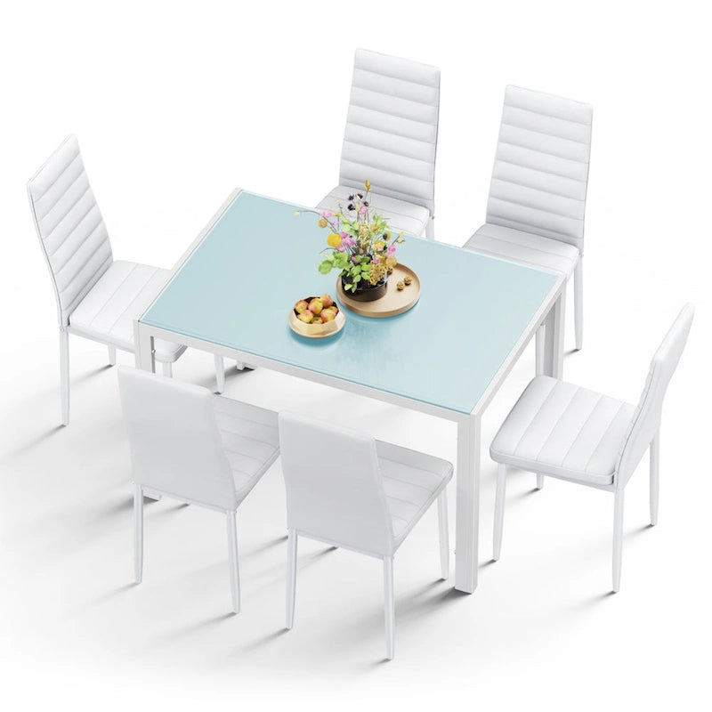 Set da pranzo da 7 pezzi con tavolo in vetro per 6 persone e sedie con schienale alto in pelle PU