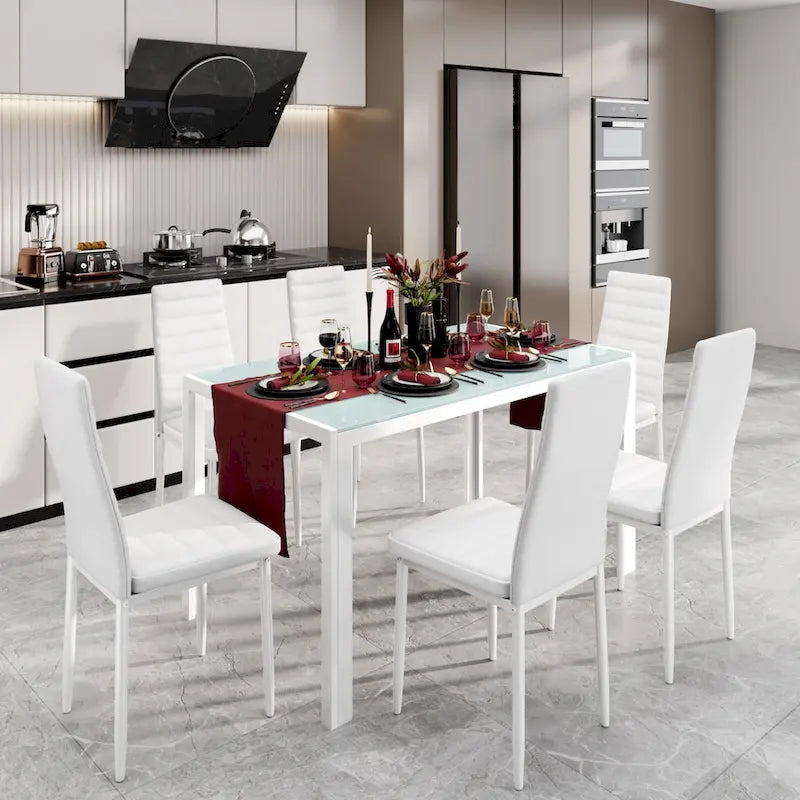 Set da pranzo da 7 pezzi con tavolo in vetro per 6 persone e sedie con schienale alto in pelle PU