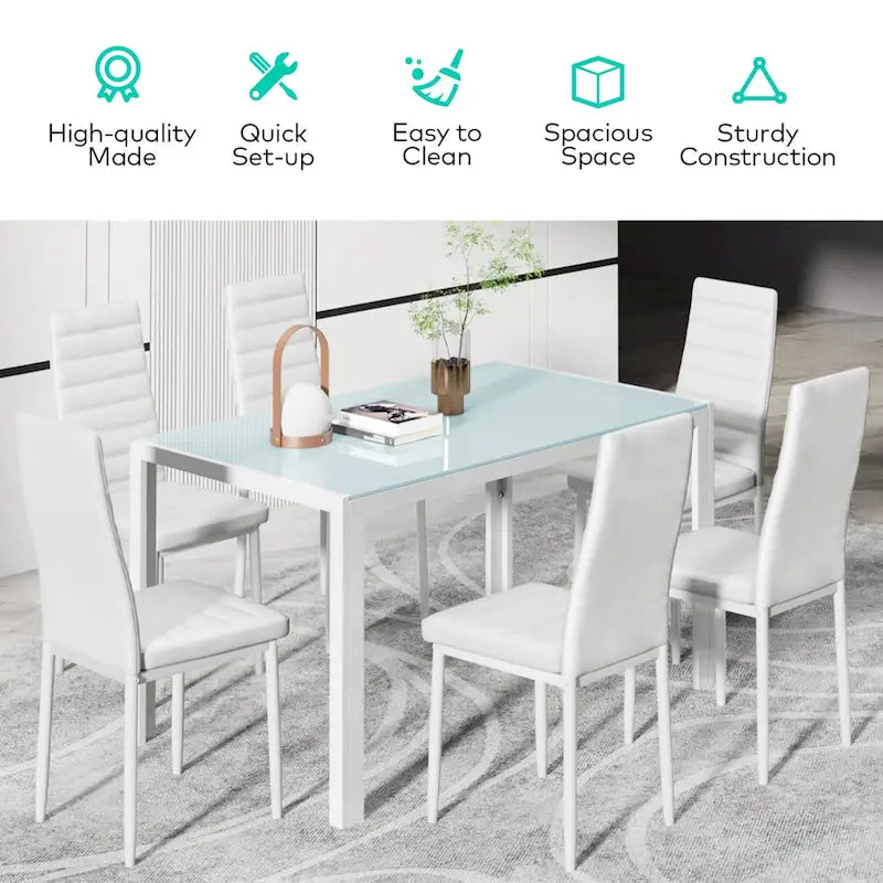 Set da pranzo da 7 pezzi con tavolo in vetro per 6 persone e sedie con schienale alto in pelle PU