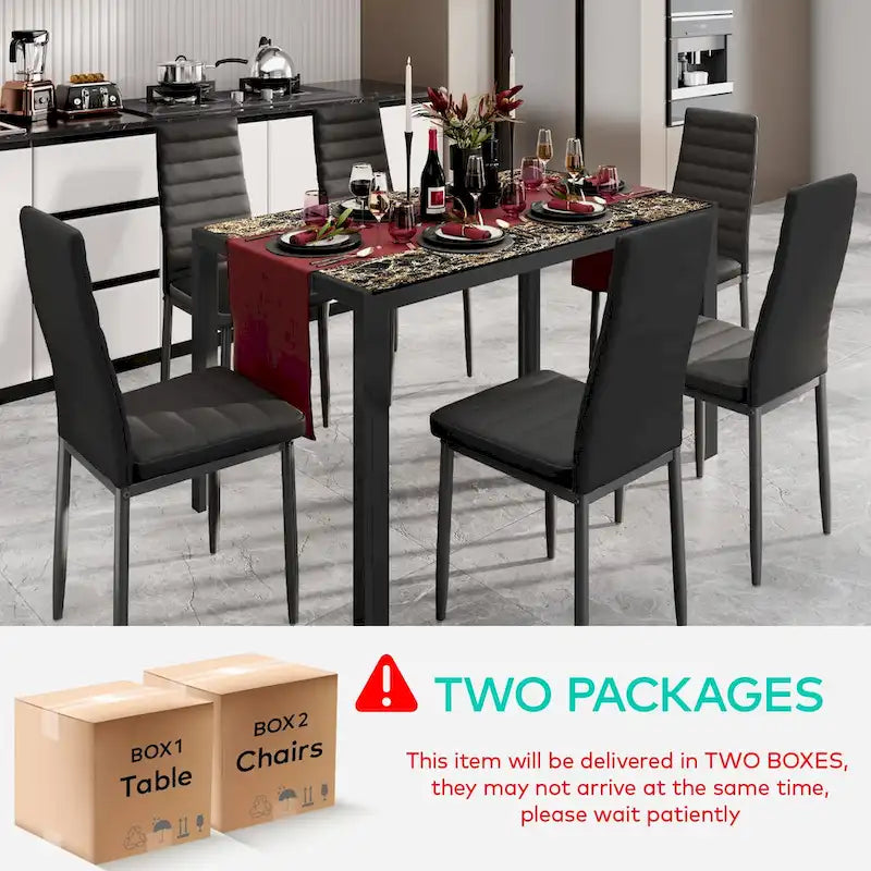 Set da pranzo da 7 pezzi con tavolo in vetro per 6 persone e sedie con schienale alto in pelle PU